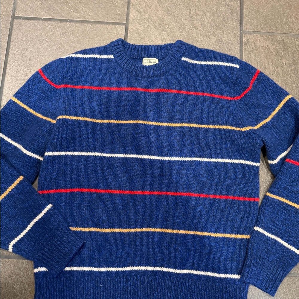 L.L. Bean Blue Striped Crewneck Sweater with Red, Yellow, and White Stripes